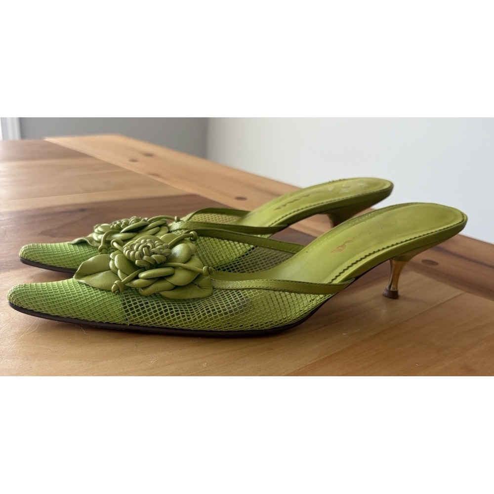 Y2K Nina Lime Green Leather Pointed Toe Kitten Heel Mules Flower Women's Size 7